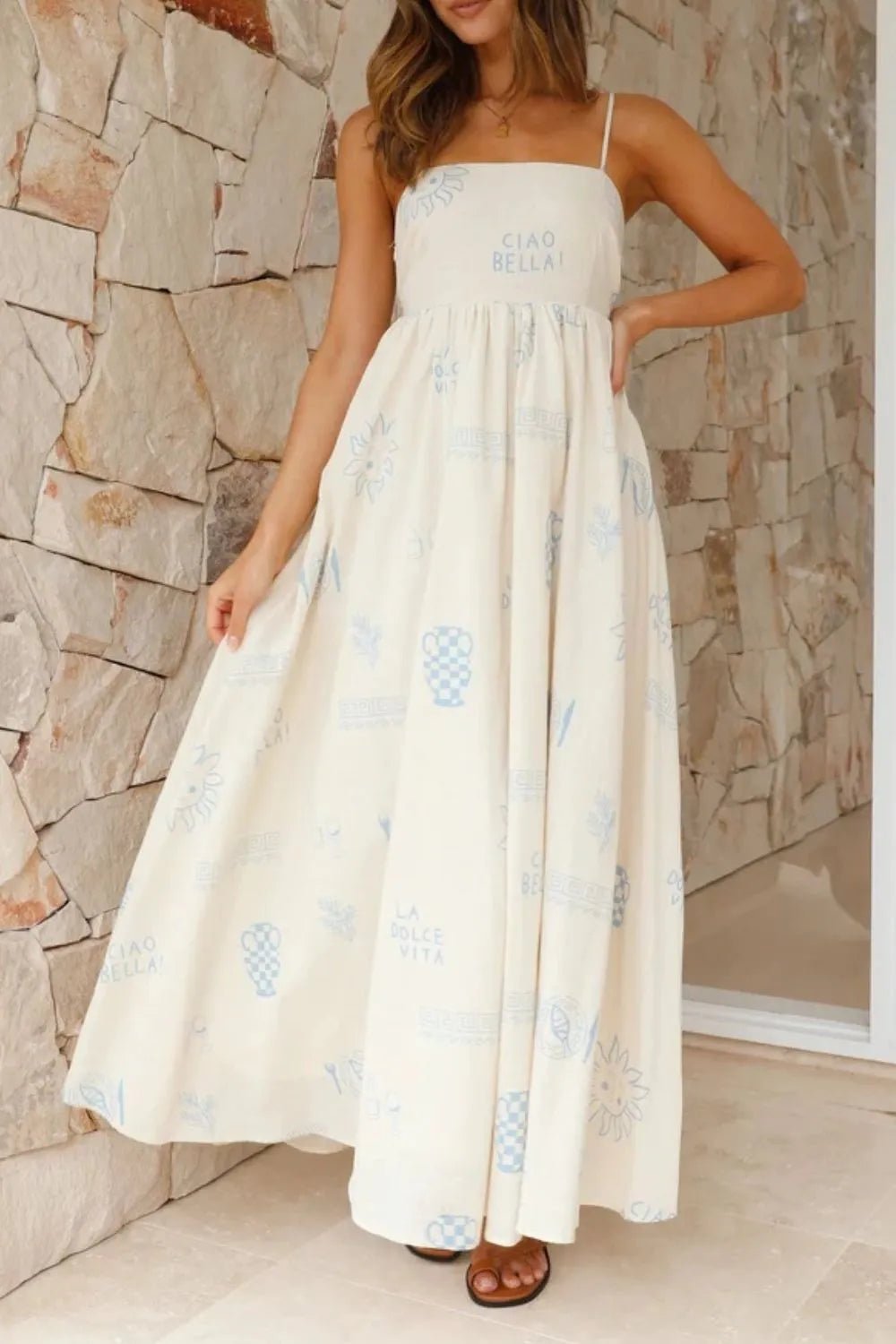 Cutout Back Printed Square Neck Maxi Cami Dress - Crowned Energy CO.