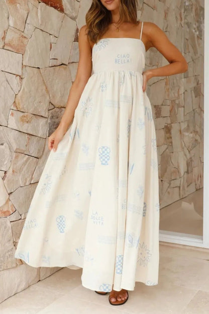 Cutout Back Printed Square Neck Maxi Cami Dress - Crowned Energy CO.