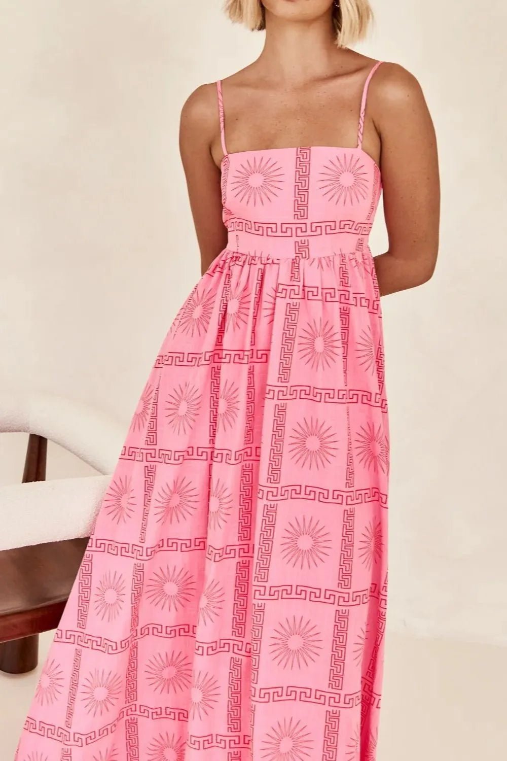 Cutout Back Printed Square Neck Maxi Cami Dress - Crowned Energy CO.