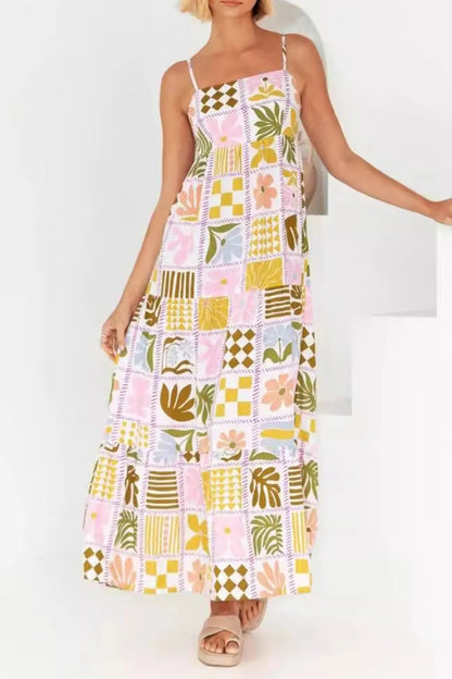 Cutout Back Printed Square Neck Maxi Cami Dress - Crowned Energy CO.