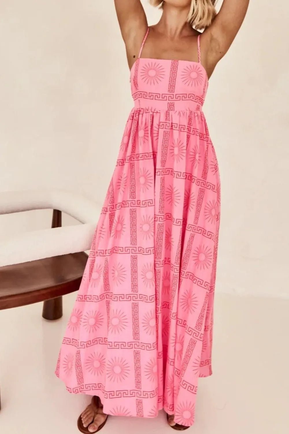 Cutout Back Printed Square Neck Maxi Cami Dress - Crowned Energy CO.