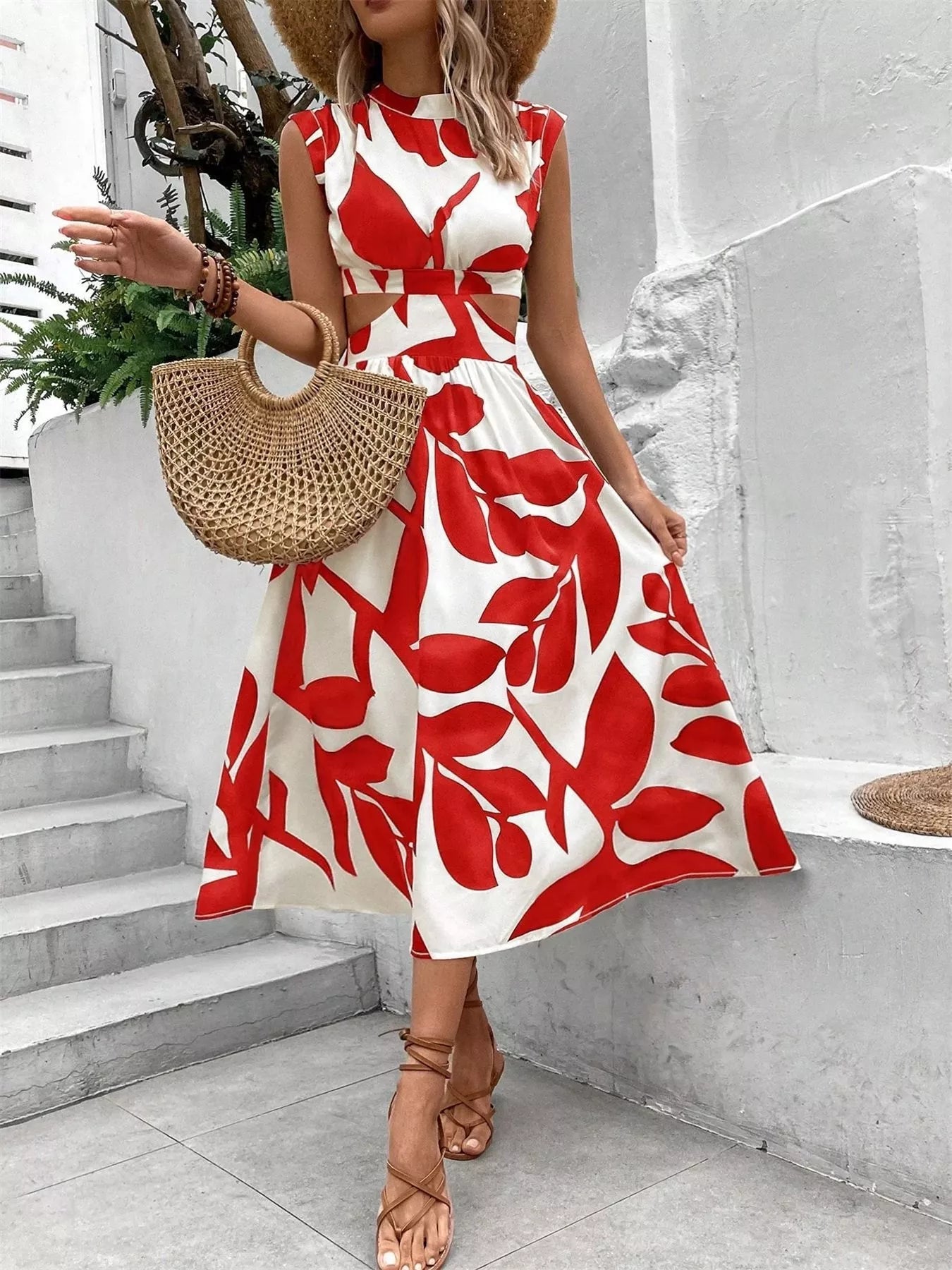 Cutout Printed Sleeveless Dress - Goddess Vibes