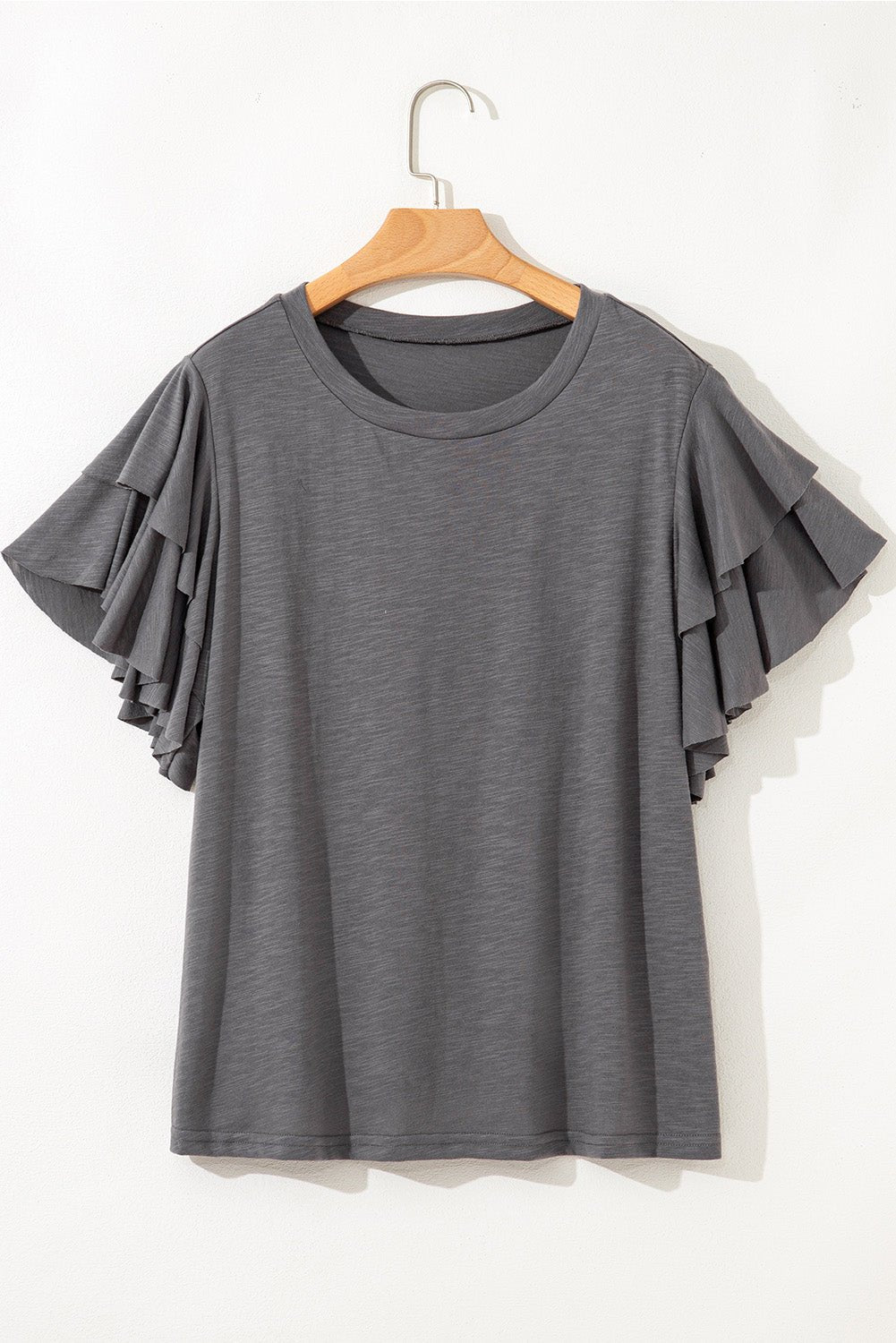 Dark Grey Double Ruffled Short Sleeve Plus Size Top - Goddess Vibes