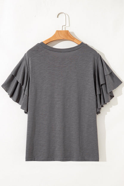 Dark Grey Double Ruffled Short Sleeve Plus Size Top - Goddess Vibes