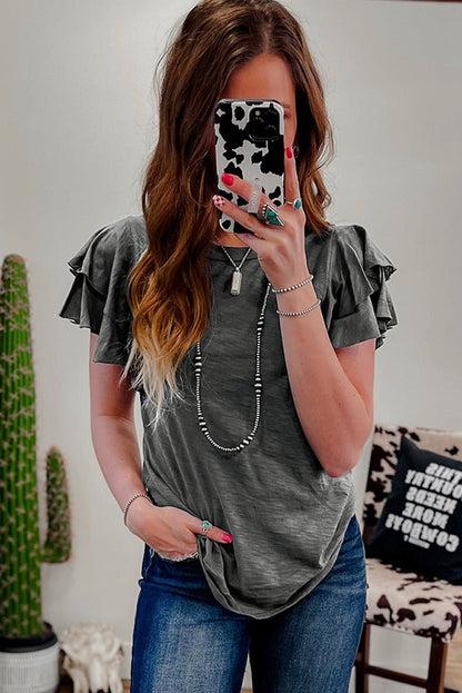 Dark Grey Layered Ruffle Short Sleeve Round Neck Top - Goddess Vibes