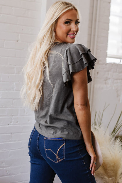 Dark Grey Layered Ruffle Short Sleeve Round Neck Top - Goddess Vibes