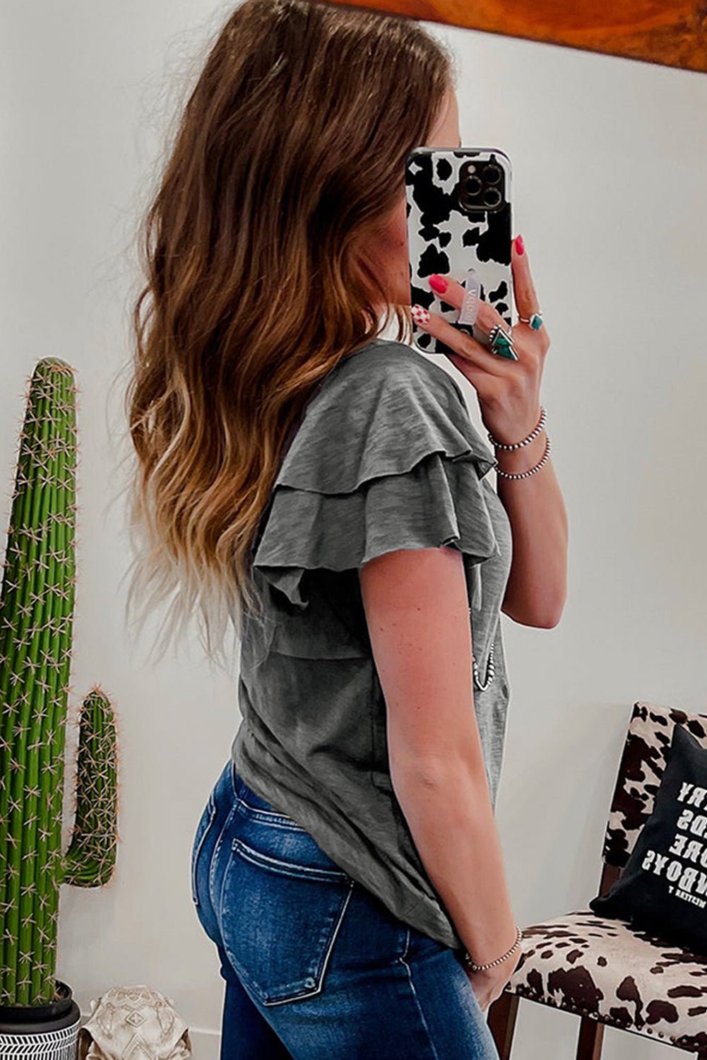 Dark Grey Layered Ruffle Short Sleeve Round Neck Top - Goddess Vibes