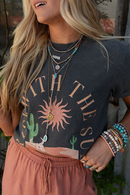 Dark Grey RISE WITH THE SUN Western Fashion Graphic Tee - Goddess Vibes