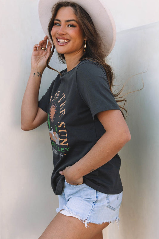 Dark Grey RISE WITH THE SUN Western Fashion Graphic Tee - Goddess Vibes