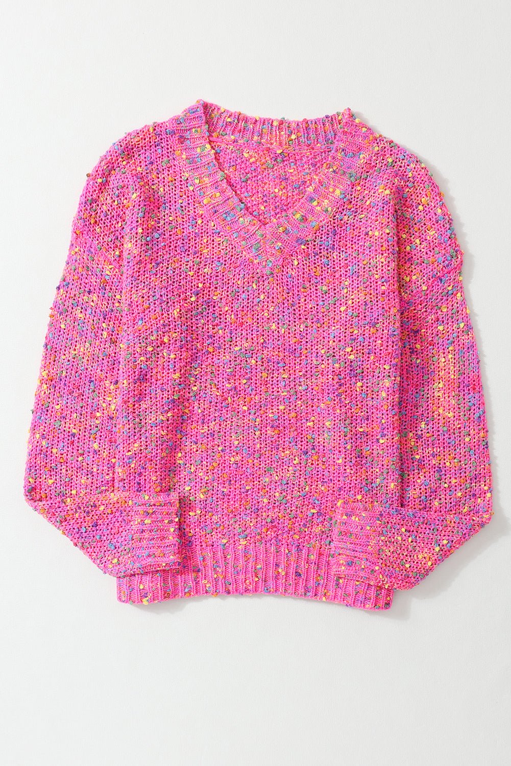 Dark Pink Colorful Spots Knitted V Neck Casual Sweater - Goddess Vibes