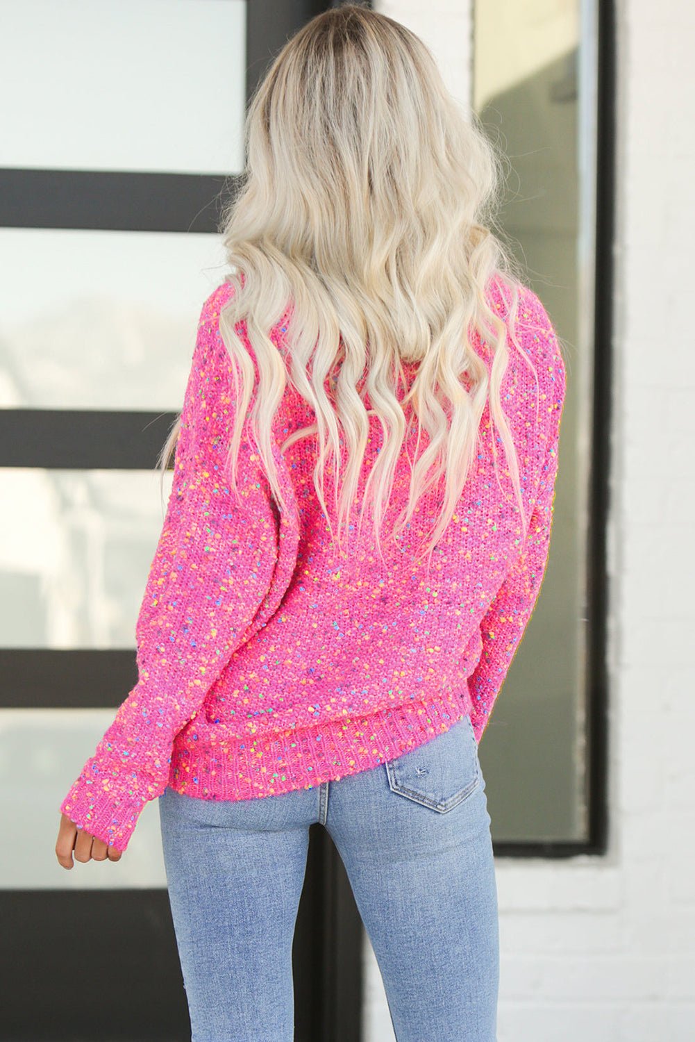 Dark Pink Colorful Spots Knitted V Neck Casual Sweater - Goddess Vibes