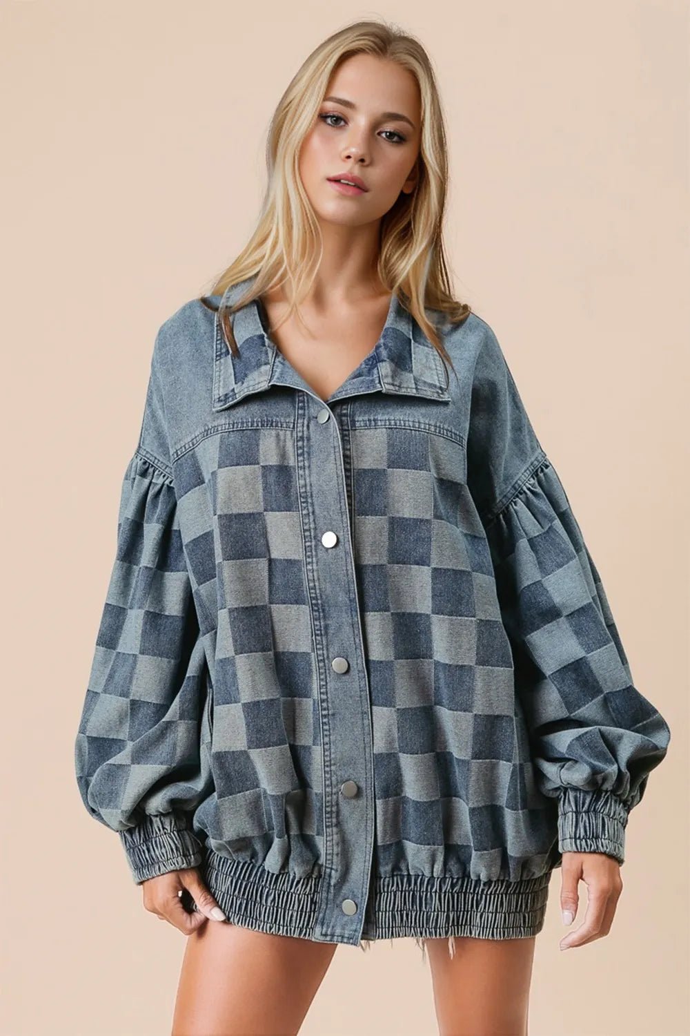 Double Take Checkered Button Up Denim Jacket - Goddess Vibes