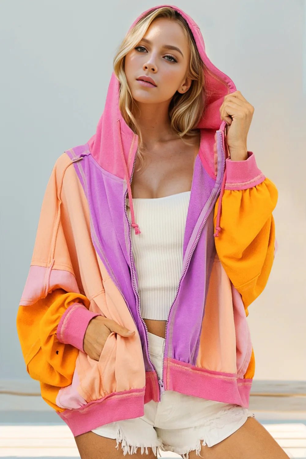 Double Take Full Size Color Block Zip Up Hoodie - Goddess Vibes