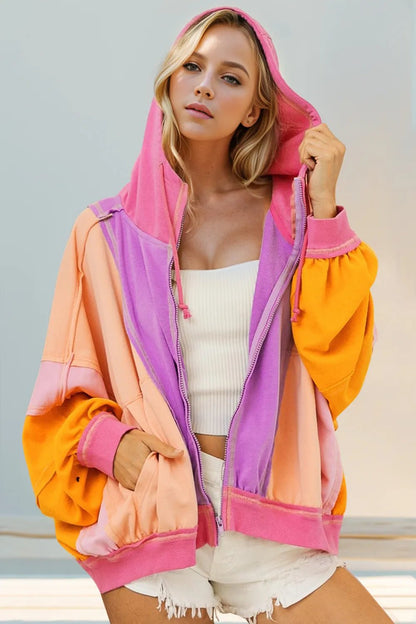 Double Take Full Size Color Block Zip Up Hoodie - Goddess Vibes