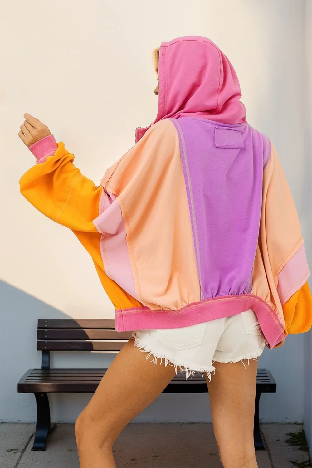 Double Take Full Size Color Block Zip Up Hoodie - Goddess Vibes