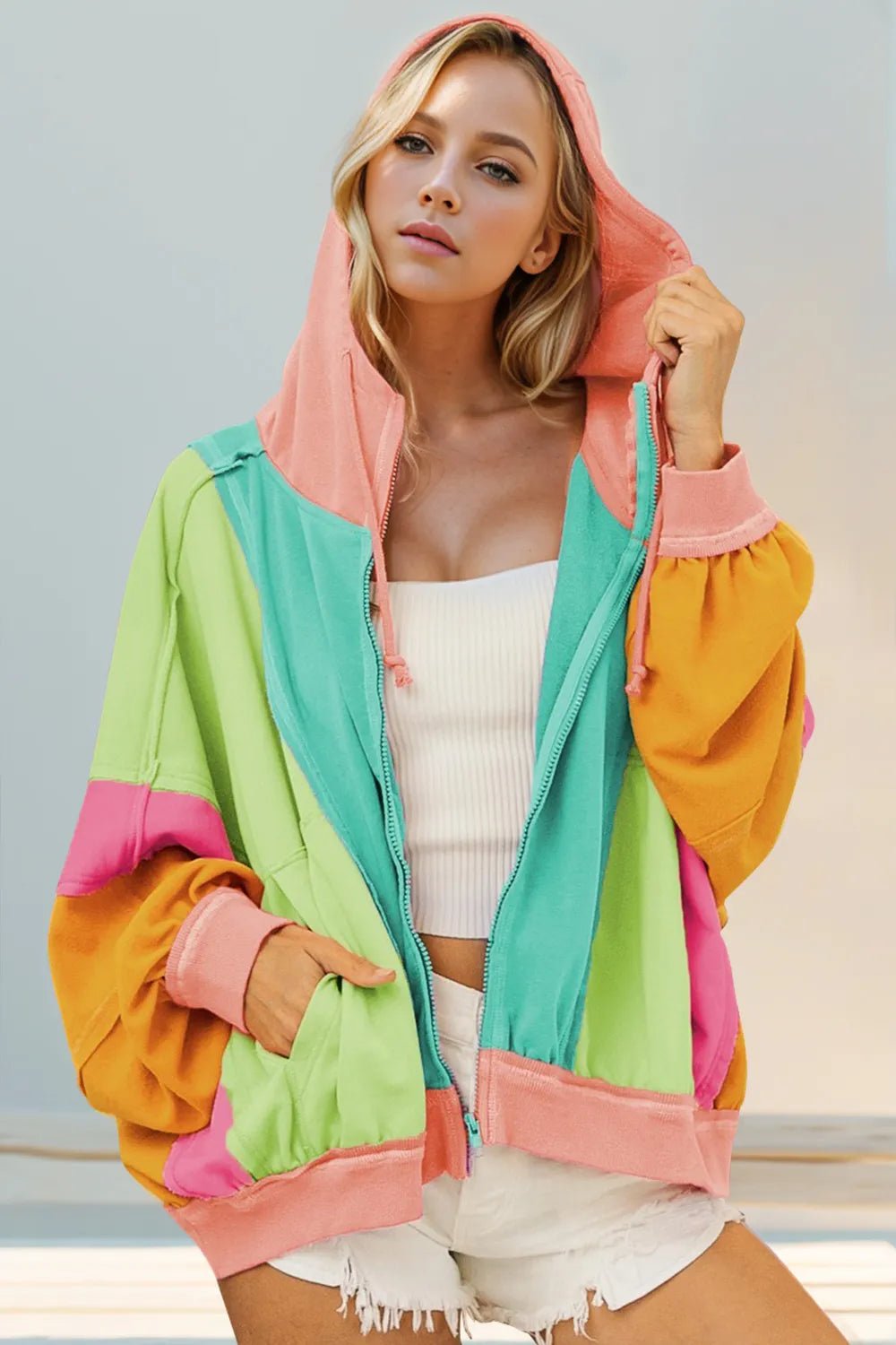 Double Take Full Size Color Block Zip Up Hoodie - Goddess Vibes