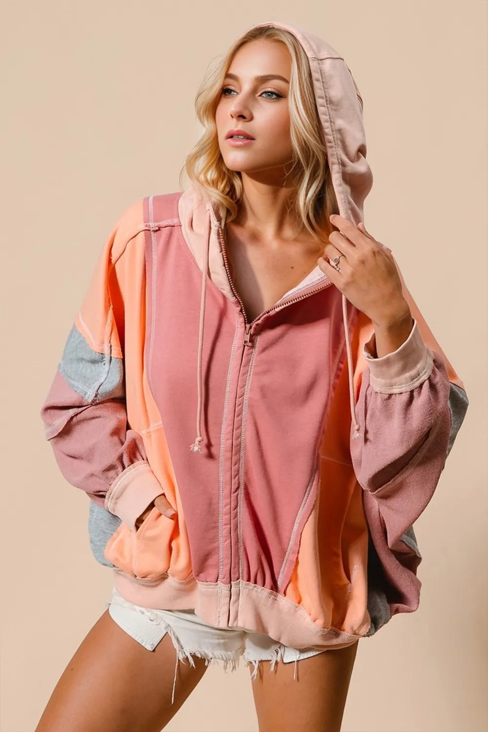 Double Take Full Size Color Block Zip Up Hoodie - Goddess Vibes