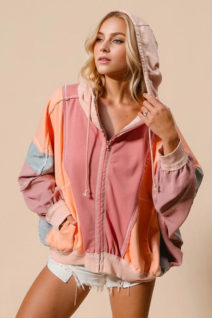 Double Take Full Size Color Block Zip Up Hoodie - Goddess Vibes