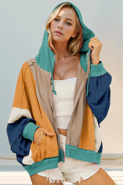 Double Take Full Size Color Block Zip Up Hoodie - Goddess Vibes