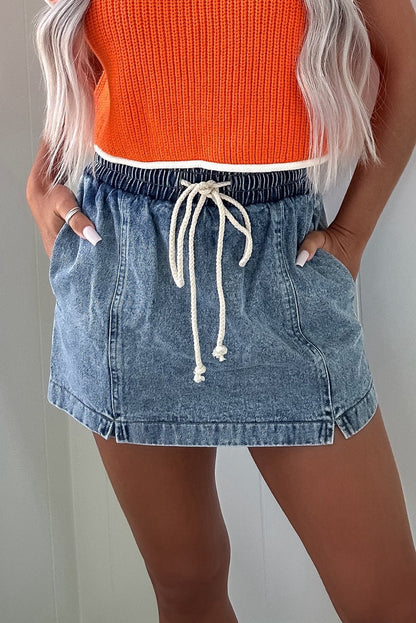 Dusk Blue Drawstring Elastic Waistband Pocketed Denim Shorts - Goddess Vibes