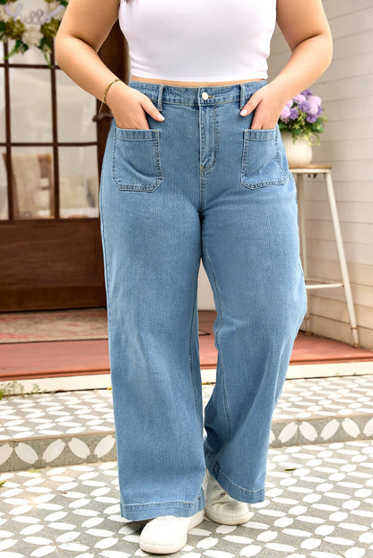 Dusk Blue Patched Pocket Textured Wide Leg Plus Size Jeans - Goddess Vibes