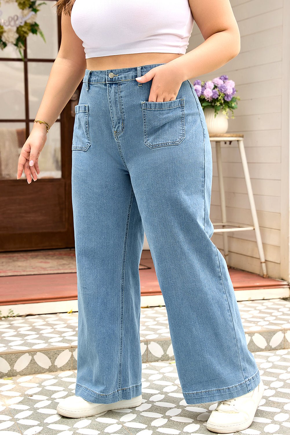 Dusk Blue Patched Pocket Textured Wide Leg Plus Size Jeans - Goddess Vibes