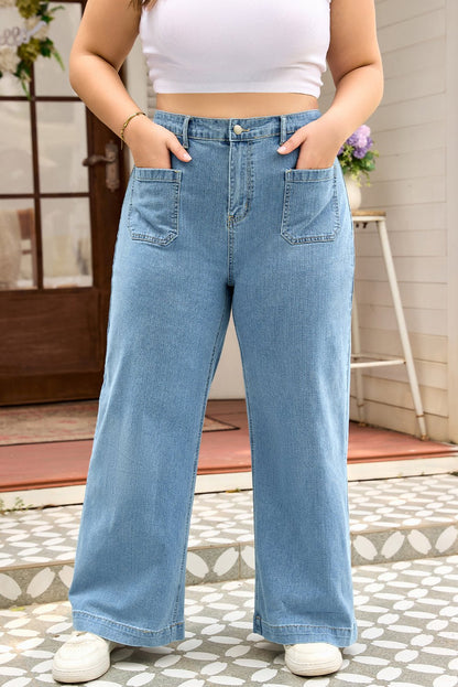 Dusk Blue Patched Pocket Textured Wide Leg Plus Size Jeans - Goddess Vibes