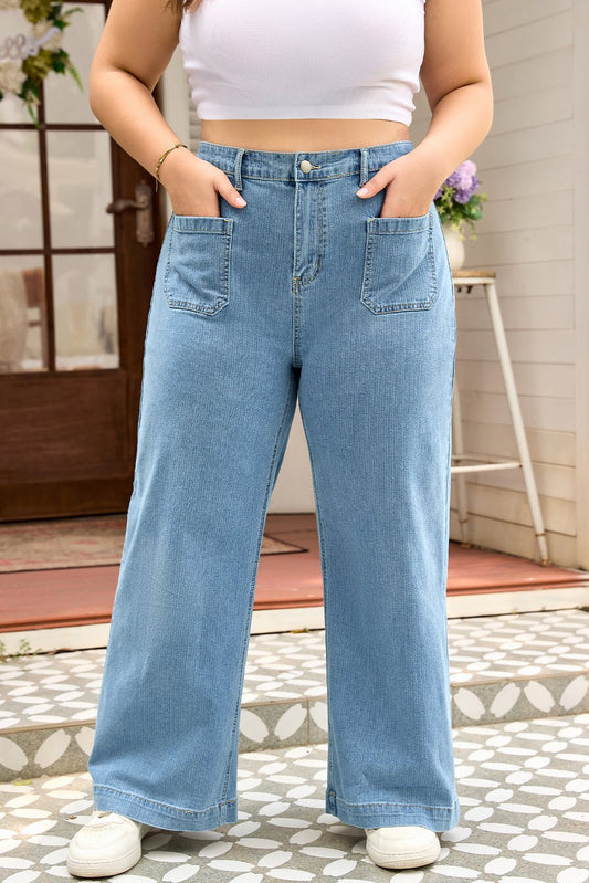 Dusk Blue Patched Pocket Textured Wide Leg Plus Size Jeans - Goddess Vibes