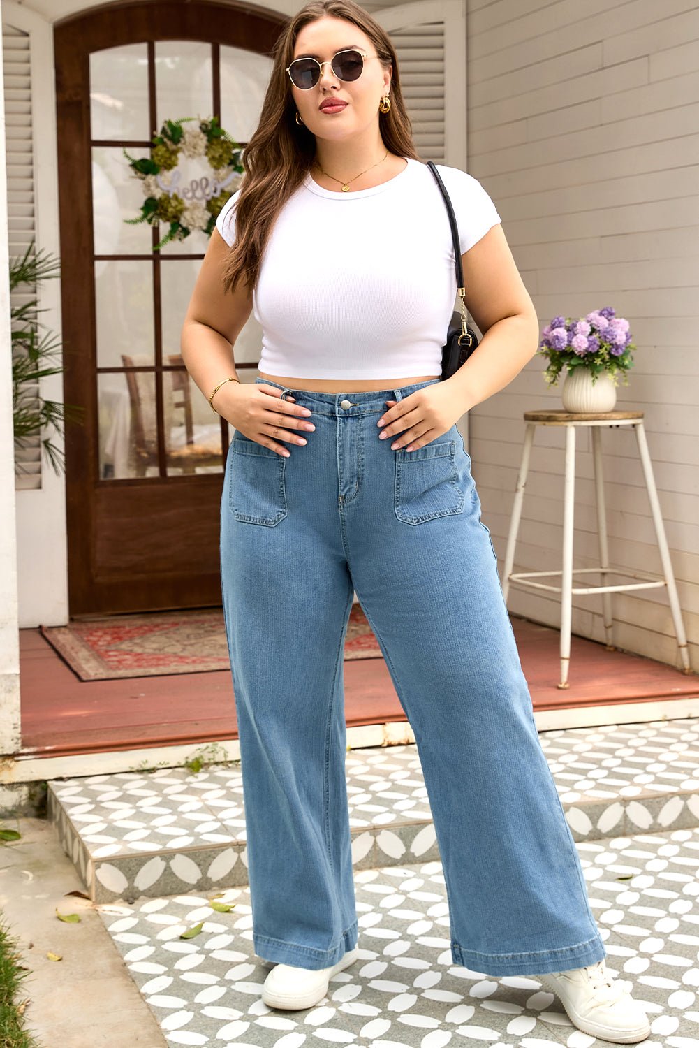 Dusk Blue Patched Pocket Textured Wide Leg Plus Size Jeans - Goddess Vibes