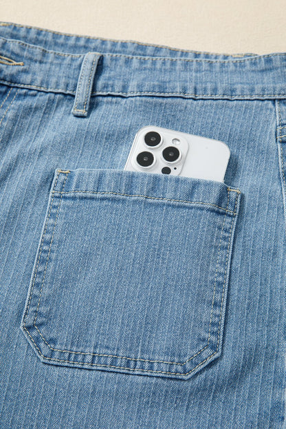 Dusk Blue Patched Pocket Textured Wide Leg Plus Size Jeans - Goddess Vibes