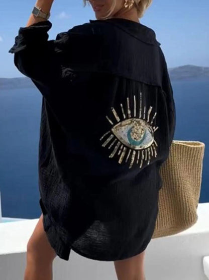 Evil Eye Embroidered Oversized Shirt - Goddess Vibes