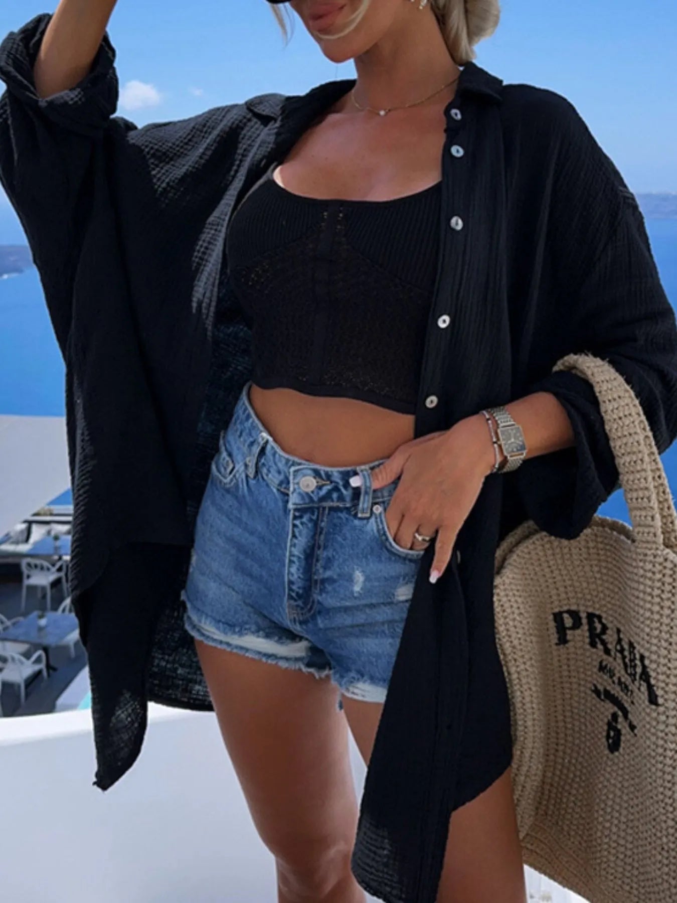 Evil Eye Embroidered Oversized Shirt - Goddess Vibes