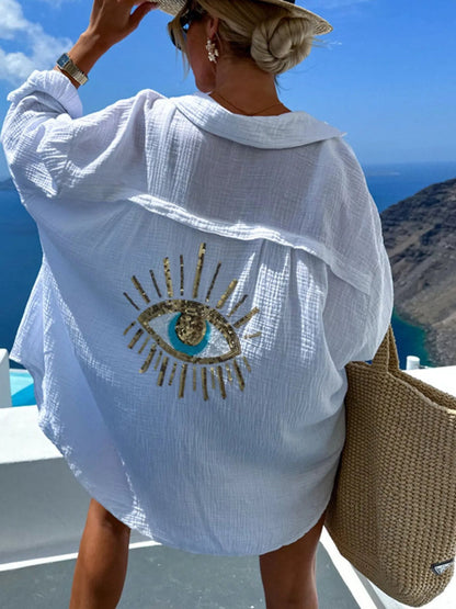 Evil Eye Embroidered Oversized Shirt - Goddess Vibes