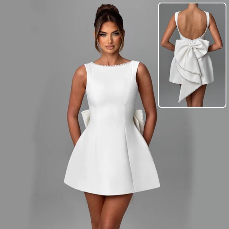 Fashion Big - Bowed Pearls Backless Dress Summer Slim Sleeveless A - line Dresses For Party Evening Women's Clothing - Goddess Vibes