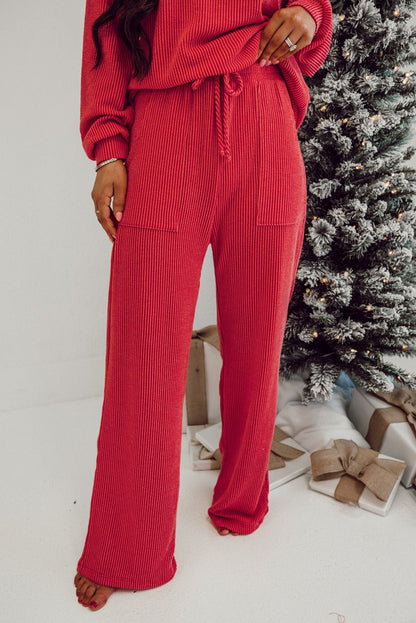 Fiery Red JOLLY Corded Long Sleeve Top and Pockets Pants Set - Crowned Energy CO.