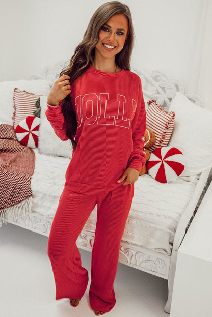 Fiery Red JOLLY Corded Long Sleeve Top and Pockets Pants Set - Crowned Energy CO.