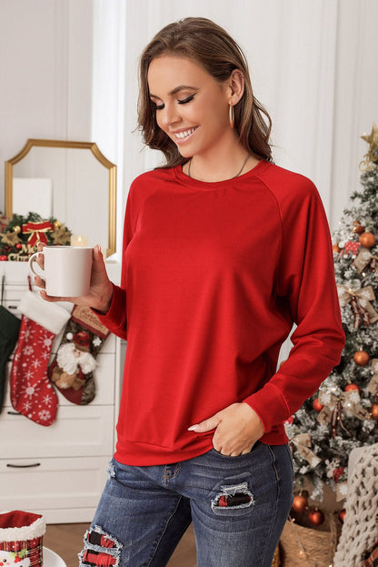 Fiery Red Solid Round Neck Raglan Sleeve Sweatshirt - Goddess Vibes