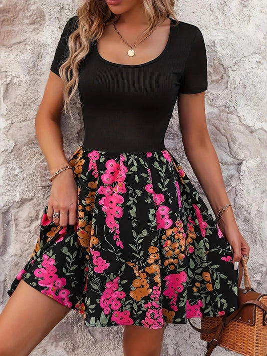 Floral Print Short Sleeve Mini Dress - Goddess Vibes