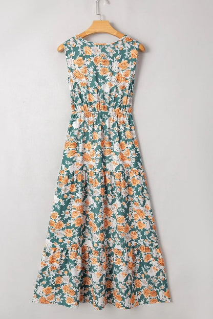 Floral Print Trimmed V Neck Tie Waist Sleeveless Dress - Goddess Vibes