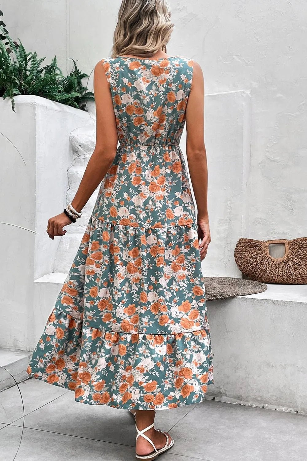 Floral Print Trimmed V Neck Tie Waist Sleeveless Dress - Goddess Vibes