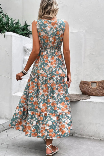 Floral Print Trimmed V Neck Tie Waist Sleeveless Dress - Goddess Vibes