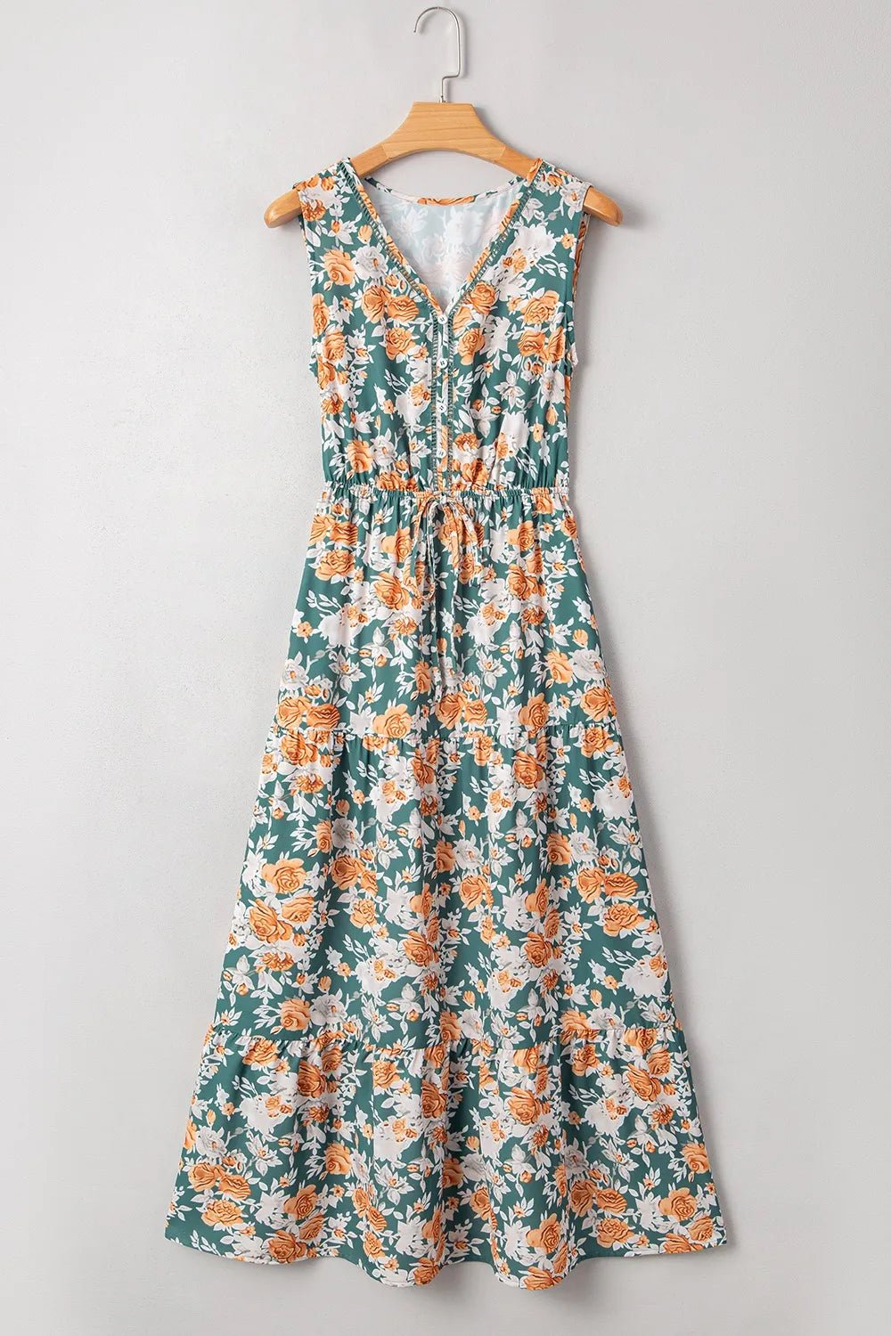 Floral Print Trimmed V Neck Tie Waist Sleeveless Dress - Goddess Vibes