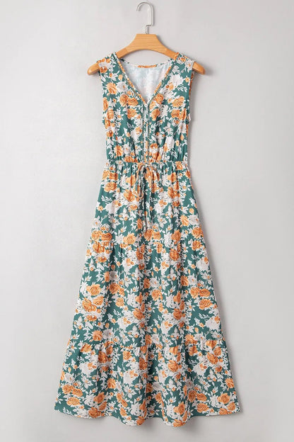 Floral Print Trimmed V Neck Tie Waist Sleeveless Dress - Goddess Vibes