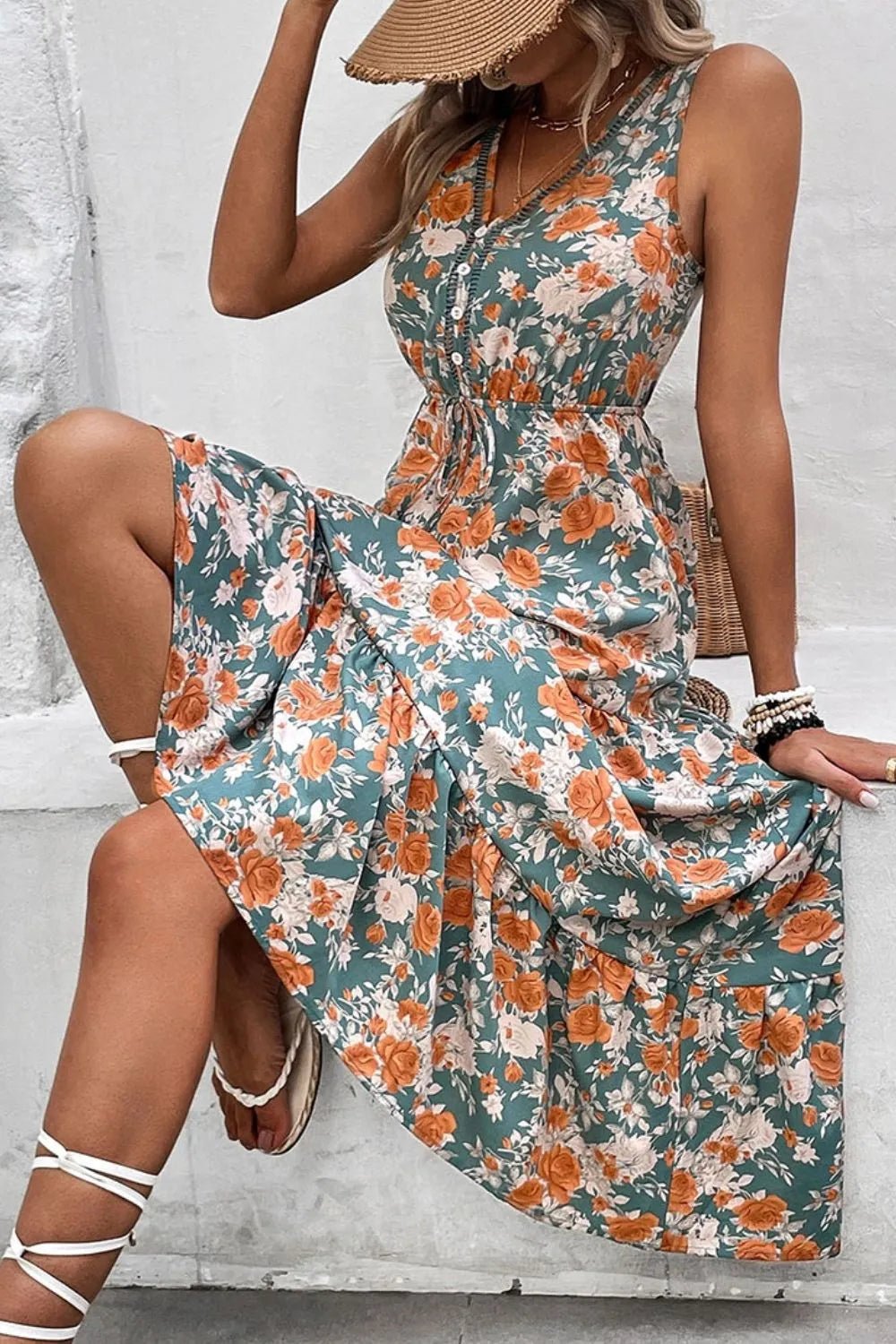 Floral Print Trimmed V Neck Tie Waist Sleeveless Dress - Goddess Vibes