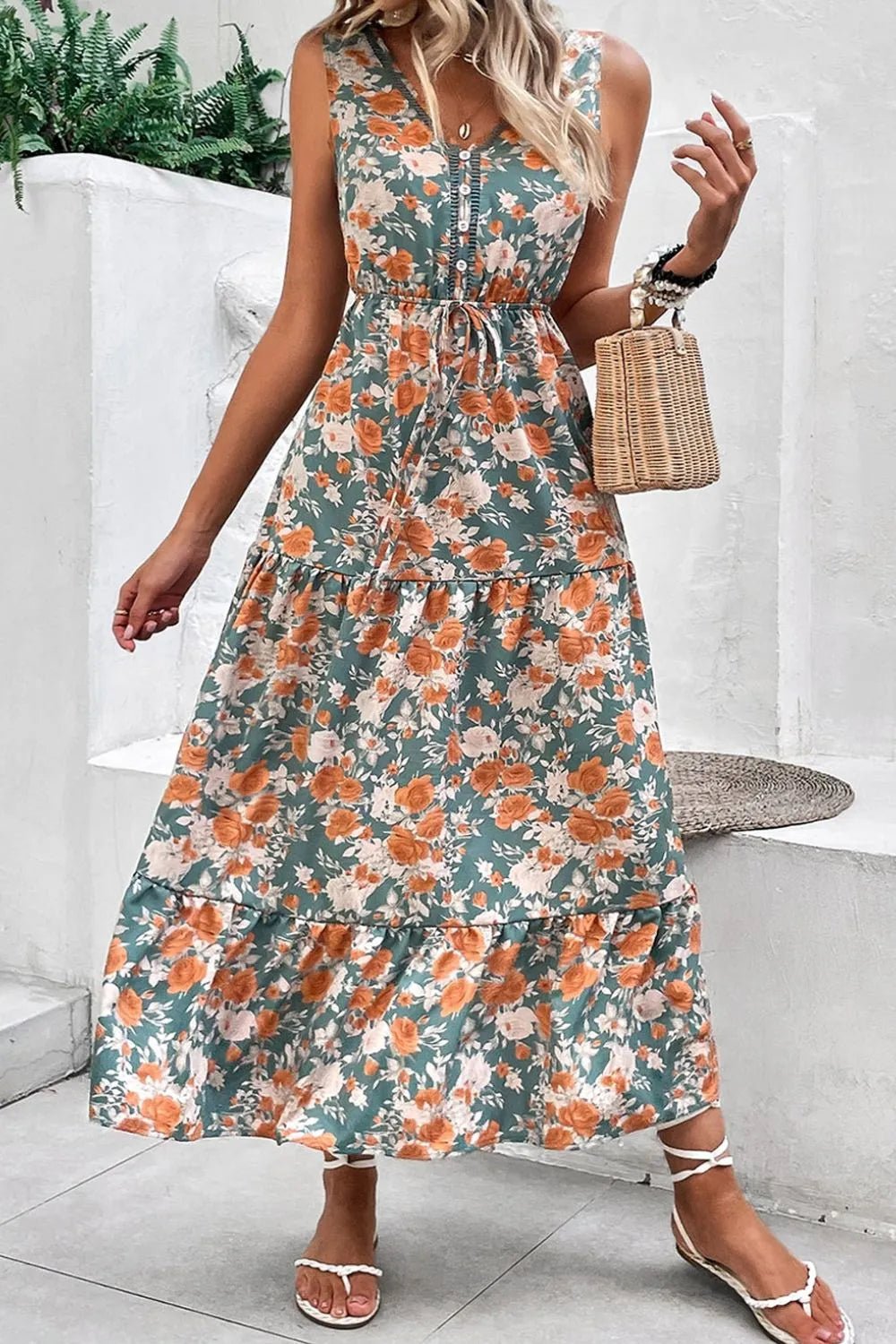 Floral Print Trimmed V Neck Tie Waist Sleeveless Dress - Goddess Vibes
