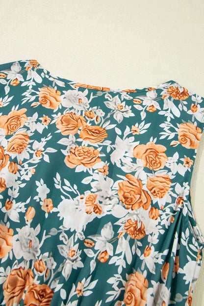 Floral Print Trimmed V Neck Tie Waist Sleeveless Dress - Goddess Vibes