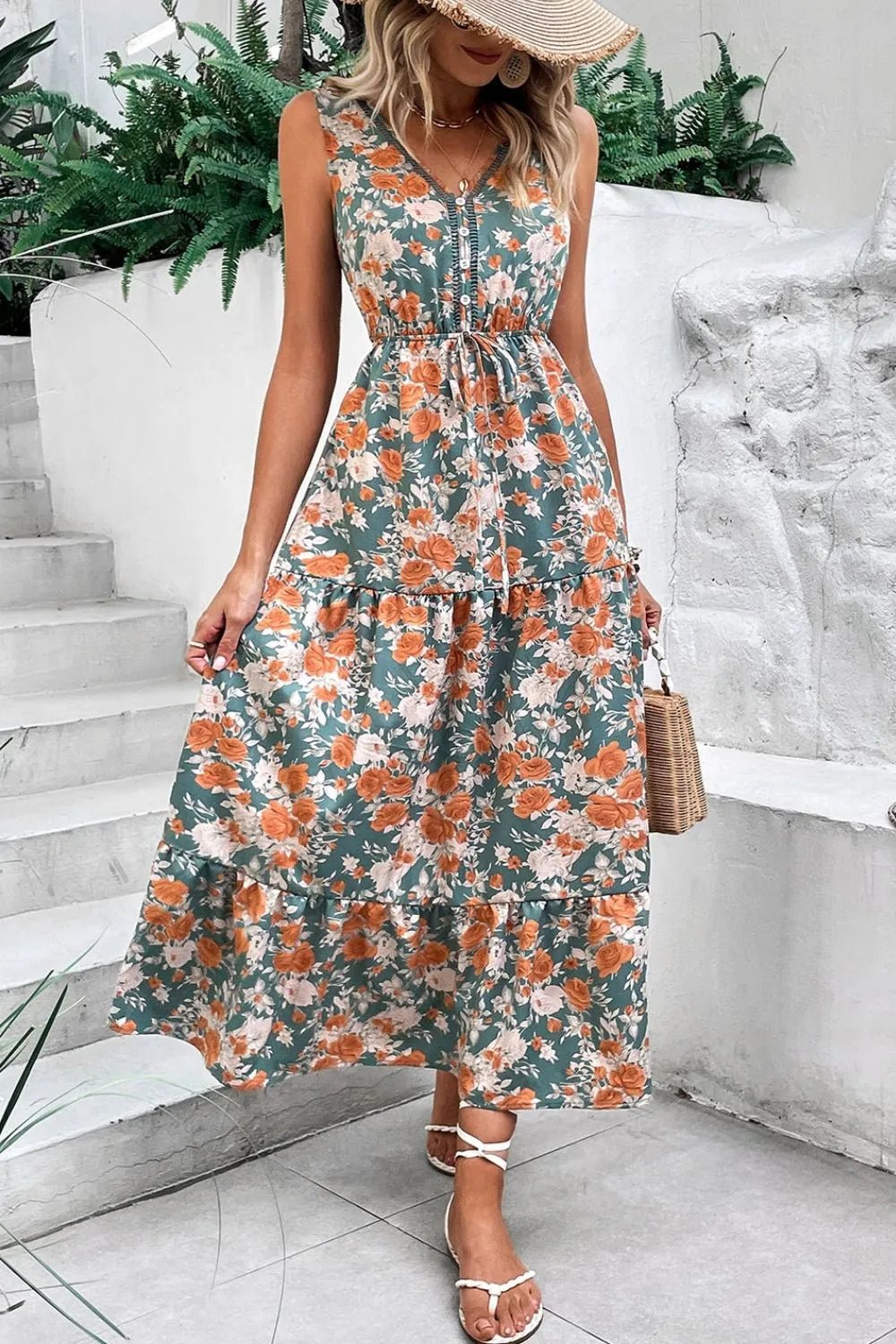 Floral Print Trimmed V Neck Tie Waist Sleeveless Dress - Goddess Vibes