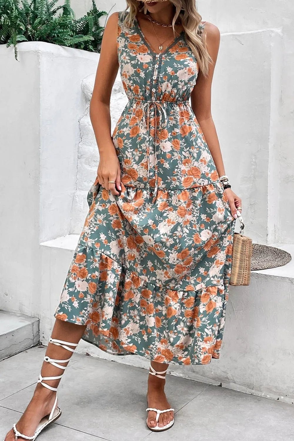 Floral Print Trimmed V Neck Tie Waist Sleeveless Dress - Goddess Vibes