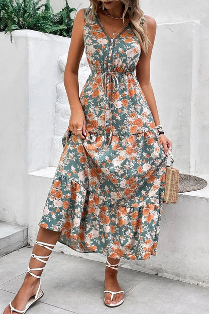 Floral Print Trimmed V Neck Tie Waist Sleeveless Dress - Goddess Vibes