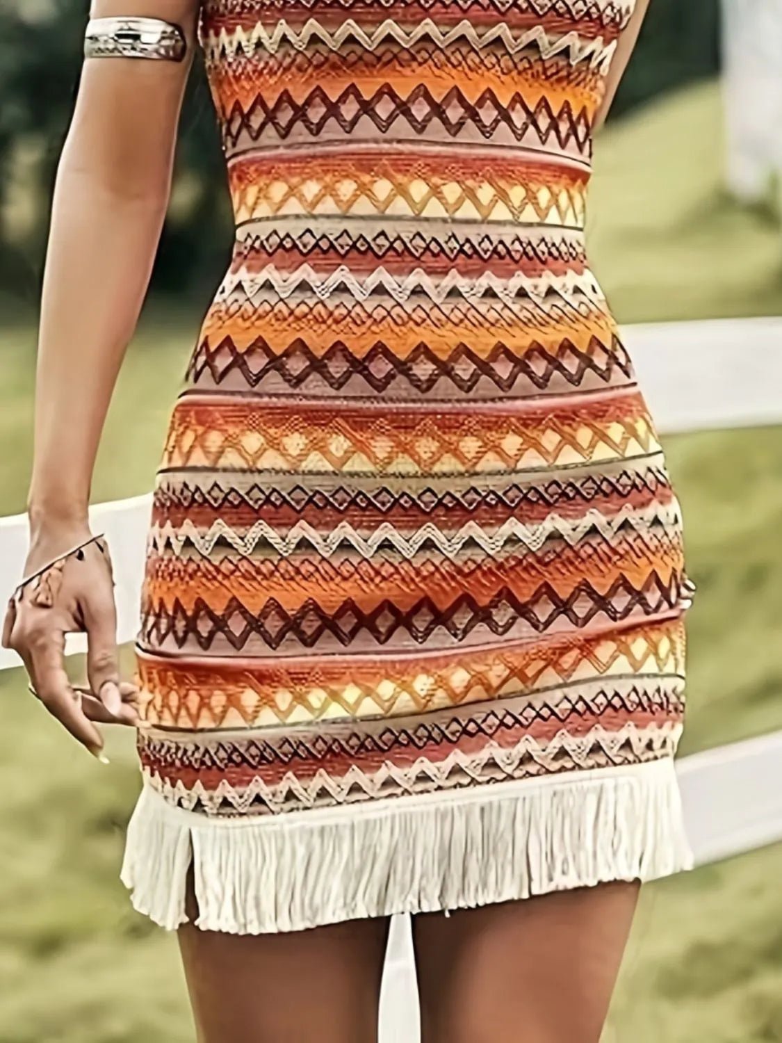 Fringe Grecian Neck Mini Dress - Goddess Vibes